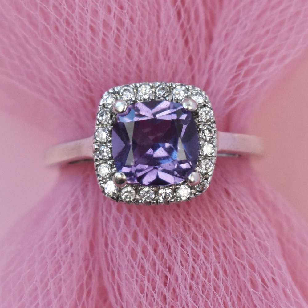 Large square alexandrite silver ring sz 6 US, accent mystic topaz ring